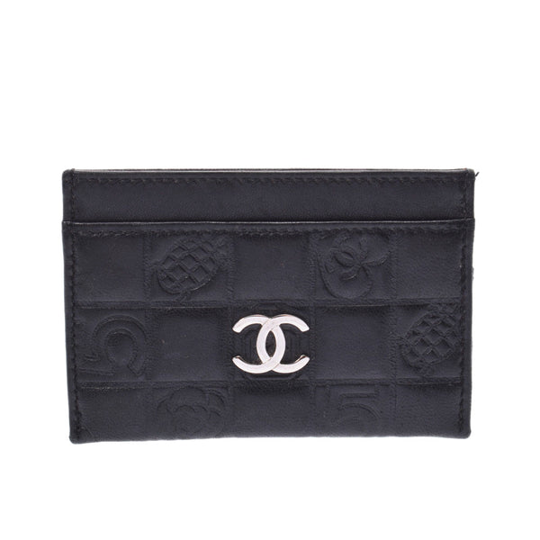 CHANEL シャネル アイコン 黒 シルバー金具 レディース ラムスキン カードケース Bランク 中古 銀蔵