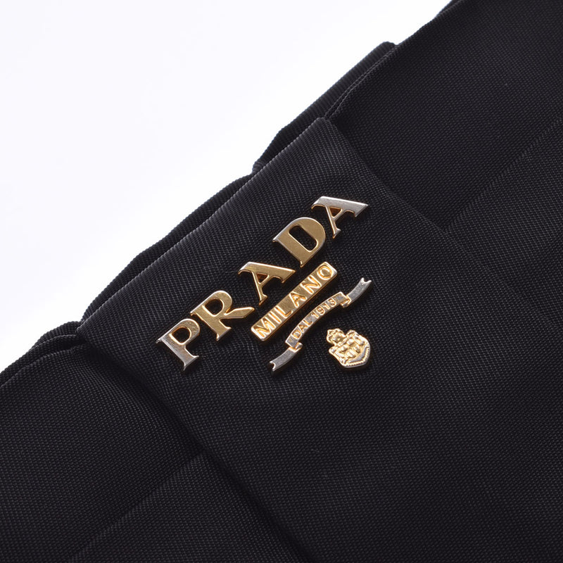 PRADA Prada ribbon motif black gold metal fittings Lady's nylon / leather porch AB rank used silver storehouse