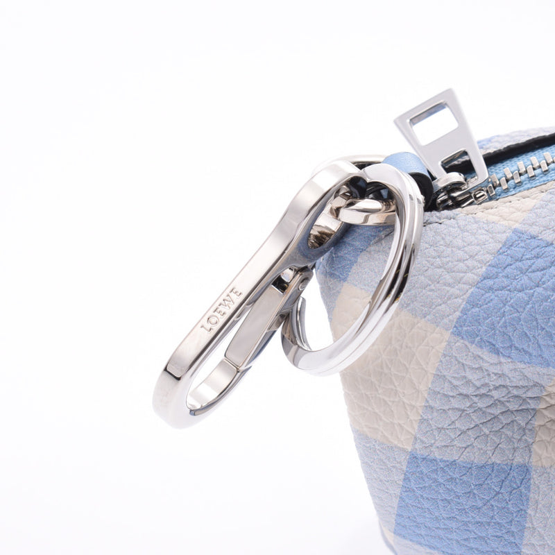LOEWE Loewe Elephant Charm Plaid White/Blue Unisex Leather Keychain A Rank Used Ginzo