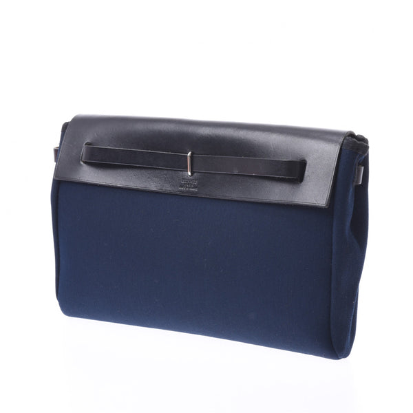 HERMES Hermes Ale Bag Blue Indigo/Black H Engraved (c. 2004) Unisex Twar/Leather Clutch Bag B Rank Used Ginzo