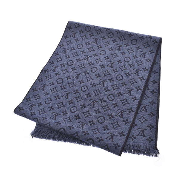 LOUIS VUITTON Louis Vuitton Echarp Monogram Classic Blue Marine M78525 Unisex 100% Wool Muffler AB Rank Used Ginzo