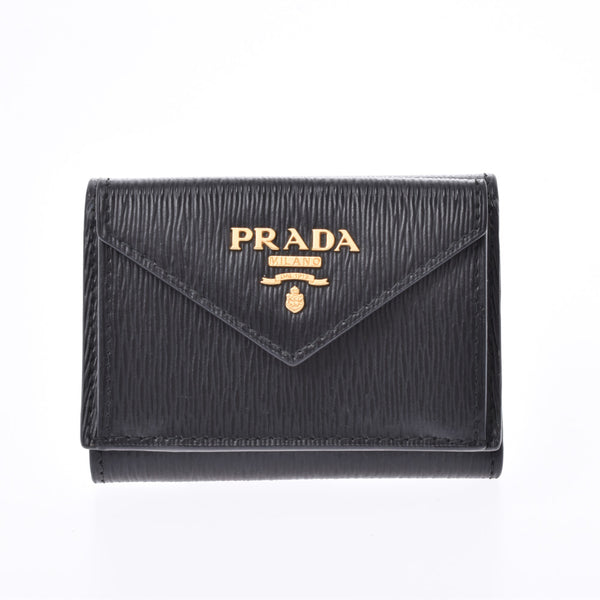 PRADA プラダ コンパクトウォレット 黒 ゴールド金具 1MH021 ユニセックス レザー型押し 三つ折り財布 Aランク 中古 銀蔵