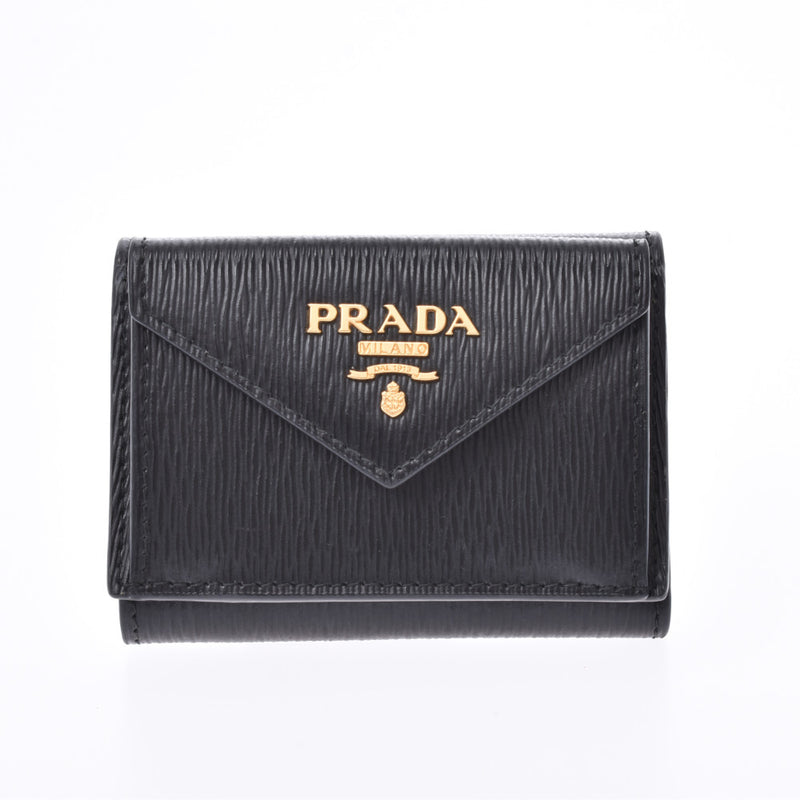 PRADA Prada Compact Wallet Black Gold Gold 1MH021 Unisex皮革型压三倍钱包A级二手银器