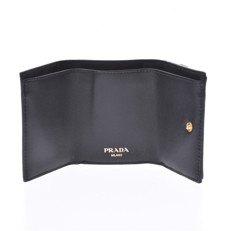 PRADA プラダ コンパクトウォレット 黒 ゴールド金具 1MH021 ユニセックス レザー型押し 三つ折り財布 Aランク 中古 銀蔵