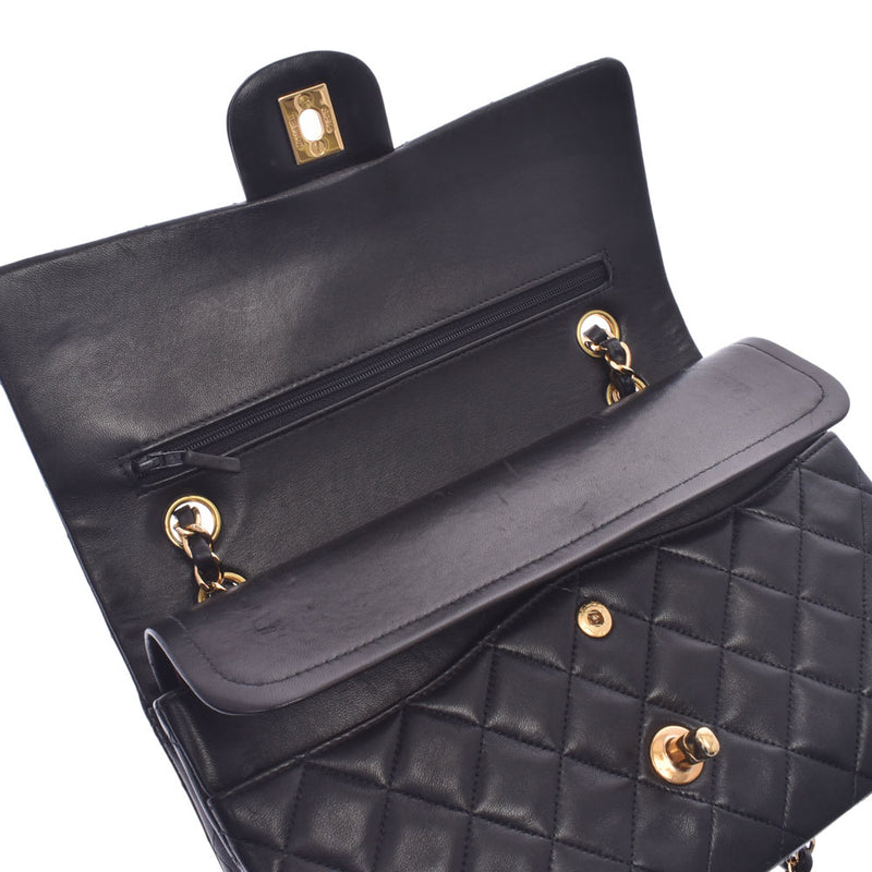 CHANEL Mattelasse Chain Shoulder Bag Double Flap Black Gold Hardware Ladies Lambskin Shoulder Bag A Rank Used Ginzo