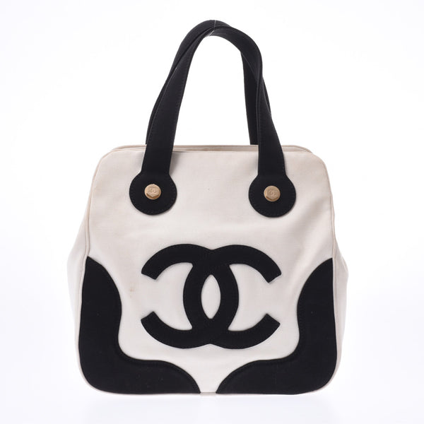 CHANEL Marshmallow Handbag White/Black Unisex Canvas Tote Bag B Rank Used Ginzo