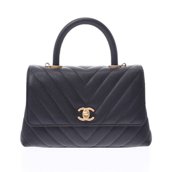 CHANEL Chanel small top handle flap shoulder bag black gold hardware women's caviar skin shoulder bag New used silver
