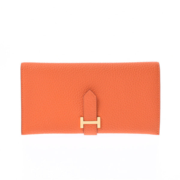 HERMES Hermes Bear Classic Two-fold Long Wallet Initial Type Orange Gold Hardware Unisex Togo Long Wallet Shindo Used Ginzo