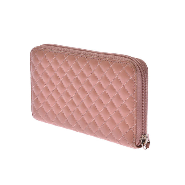 CHANEL Mattelasse round fastener pink beige system ladies leather long wallet B rank used Ginzo