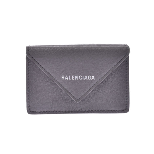 BALENCIAGA纸质迷你钱包轻巧钱包灰色中性小牛皮三折钱包未使用Ginzo