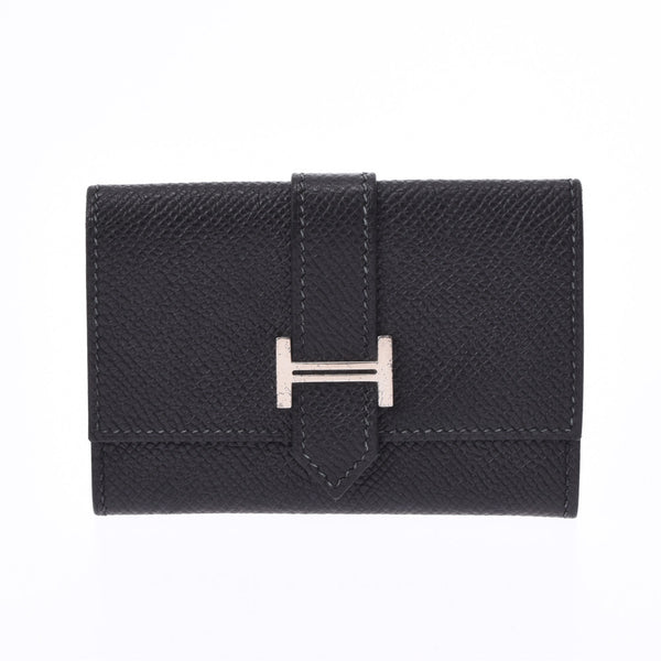 HERMES Bearn card case black silver metal fittings □K stamped (around 2007) Unisex Vow Epson card case B rank used silver ware