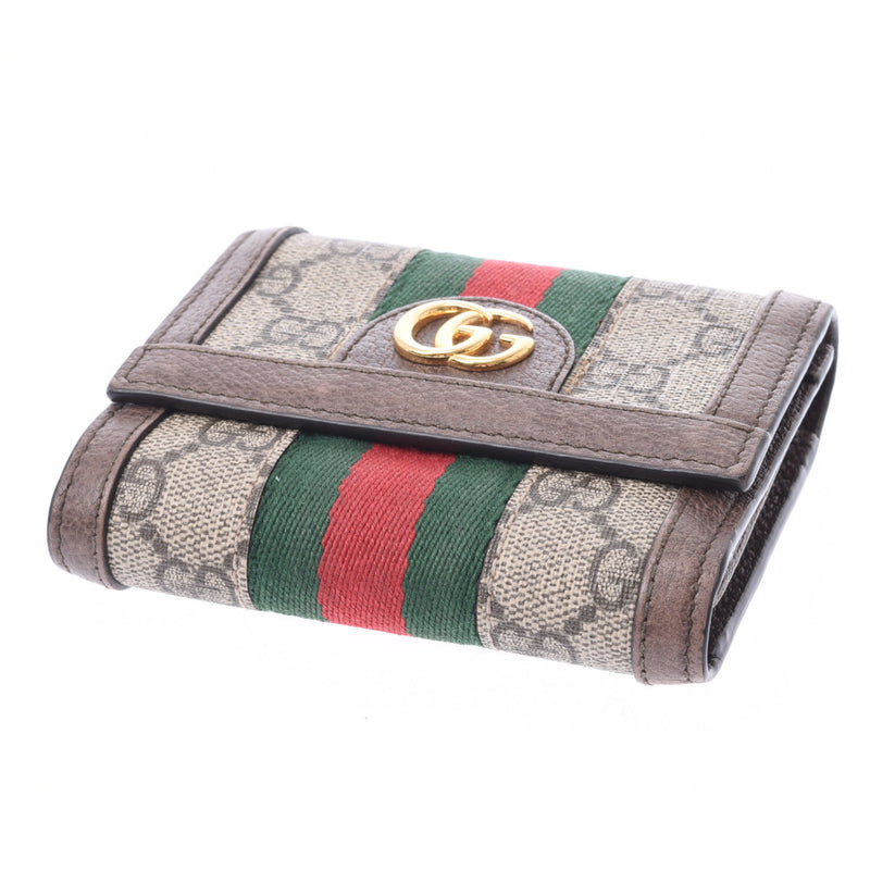 GUCCI Gucci off-Dier compact wallet beige/brown ladies GG Supreme canvas leather tri-fold wallet B rank used silver stock