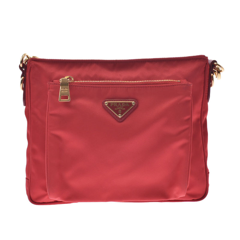 PRADA Prada shoulder bag red gold metal fittings ladies nylon shoulder bag AB rank used Ginzo