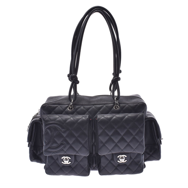 CHANEL Chanel Cambon Line Multi Pocket Tote Bag Black / Black Ladies Lambskin Handbag AB Rank Used Ginzo