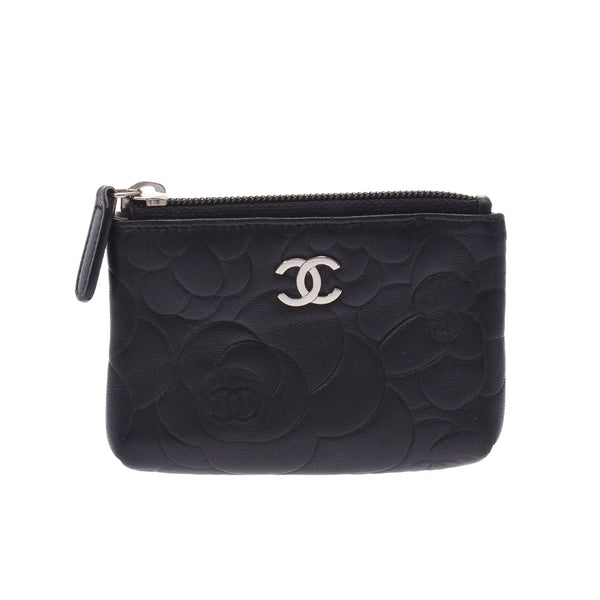 CHANEL Camellia coin purse with key ring Black Ladies Calf Coin Case AB Rank Used Ginzo