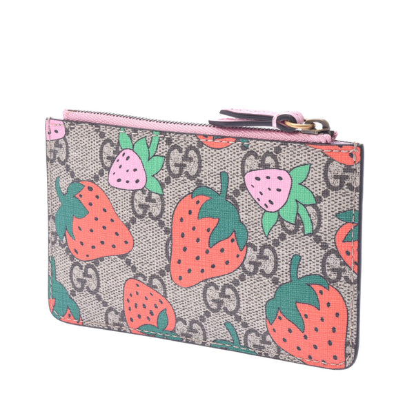 GUCCI Gucci Strawberry Pattern Coin Purse with Keyring Greige 573841 Ladies GG Supreme Canvas Coin Case Shin's Used Ginzo