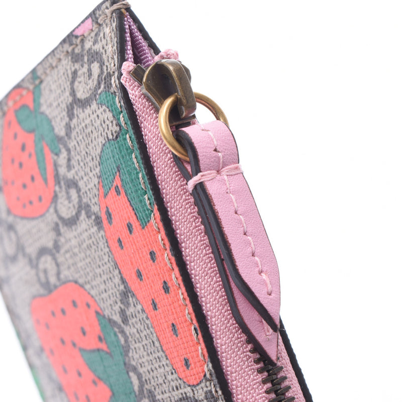 Gucci Strawberry Pattern Coin Purse With Keyring Greige Ladies GG