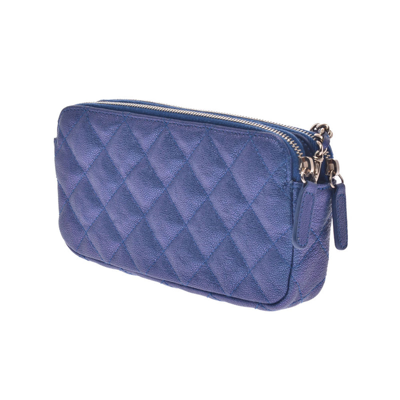 CHANEL Chanel Matrasse Chain Clutch Bag Blue Metallic Gold Bracket Women's Caviar Skin Chain Wallet A-Rank Used Silgrin