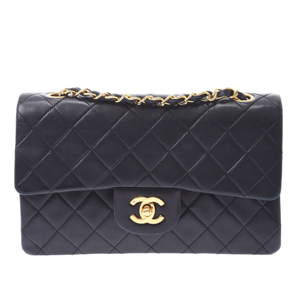 Chanel Chanel Chain Shoulder Bag Double Lid Black Gold Bracket Ladies Lam Skin Shoulder Bag AB Rank Used Silgrin