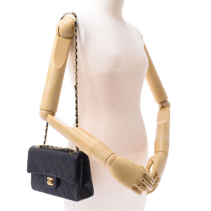 Chanel Chanel Chain Shoulder Bag Double Lid Black Gold Bracket Ladies Lam Skin Shoulder Bag AB Rank Used Silgrin