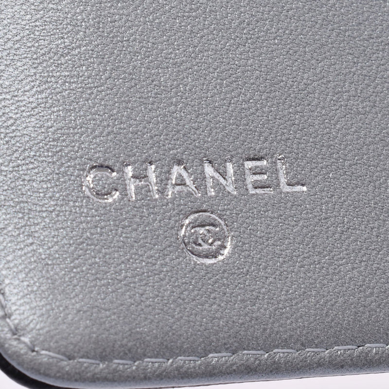 Chanel Chanel Camelia两折叠拉链长钱包黑银色支架女士Lamskin Long Wallet A-Rank使用Silgrin