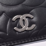 Chanel Chanel Camelia两折叠拉链长钱包黑银色支架女士Lamskin Long Wallet A-Rank使用Silgrin