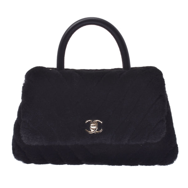 CHANEL Chanel top handle V stitch 2way bag black gold bracket ladies shearling / leather handbag new same second-hand silver