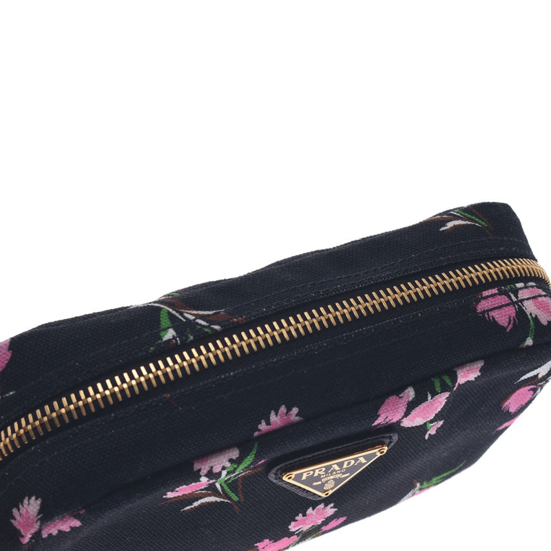 PRADA Prada Black/Flower Printed Gold Fittings 1NA021 Ladies Canvas Pouch A Rank Used Ginzo