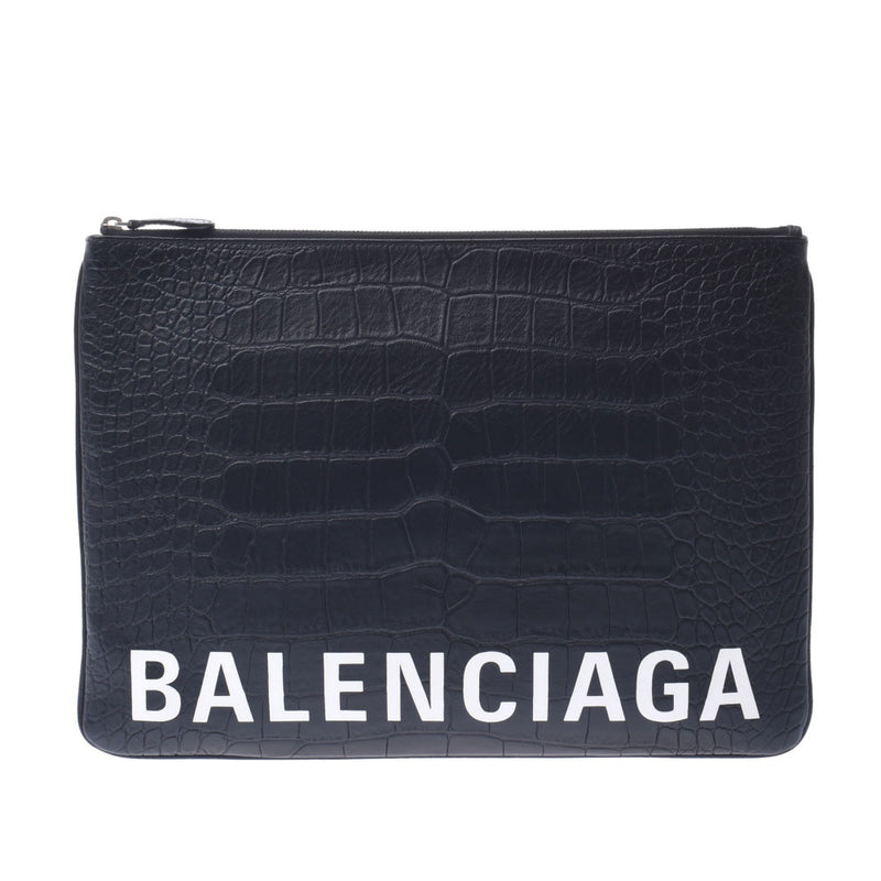 BALENCIAGA バレンシアガ ヴィル 黒/白 535532 ユニセックス クロコ型押し クラッチバッグ ABランク 中古 銀蔵