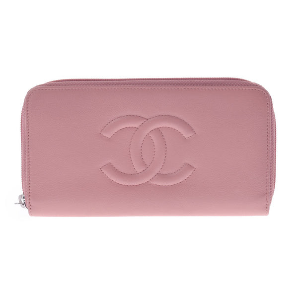 CHANEL Chanel Coco Mark Pink Beige Ladies Leather Long Wallet A-Rank Used Silgrin