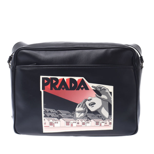 PRADA Prada Comic Black Unisex Leather Shoulder Bag AB Rank Used Silgrin