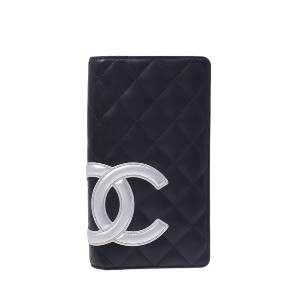 Chanel Chanel Cambon Line长钱包黑银色女式皮革两折叠钱包B等级使用Silgrin