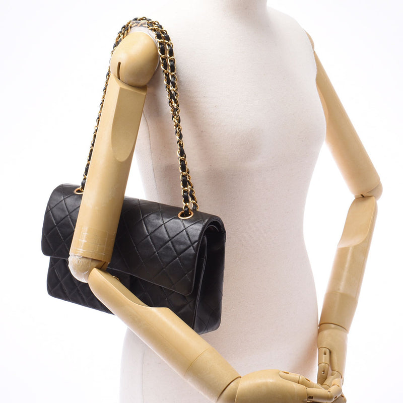 Chanel Chanel Matrasse Chain Shoulder Double Lid Black Gold Bracket Ladies Lamskin Shoulder Bag B Rank Used Sinkjo