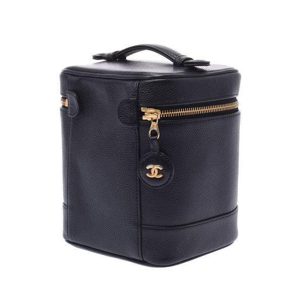 Chanel vertical vanity black gold metallic caviar skin handbag