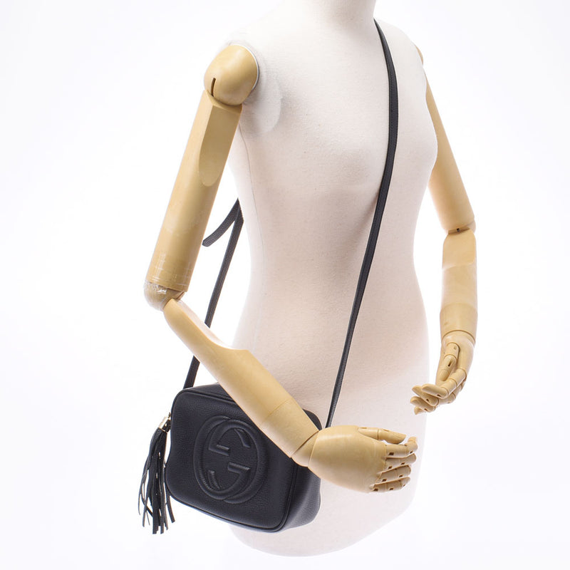 Gucci Gucci Soho小迪斯科袋GG Logo Black Gold Bracket 308364女士皮革单肩包A级使用Silgrin