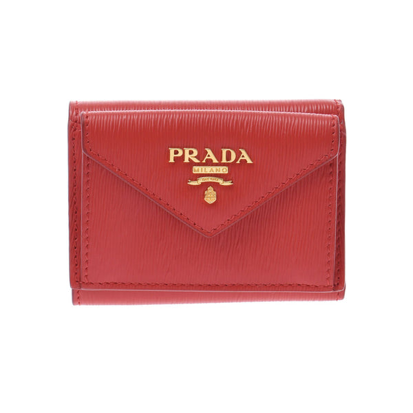 PRADA プラダ コンパクトウォレット 赤 GP金具 ユニセックス レザー 三つ折り財布 新同 中古 銀蔵