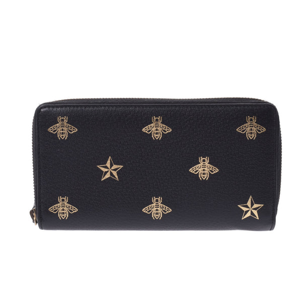 GUCCI Gucci & Star Round Fastener Black/Gold 495062 Unisex Leather Long Wallet AB Rank Used Ginzo