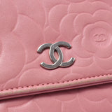 Chanel Chanel Camelia粉红色银色支架女士羊羔链钱包B排名使用水池