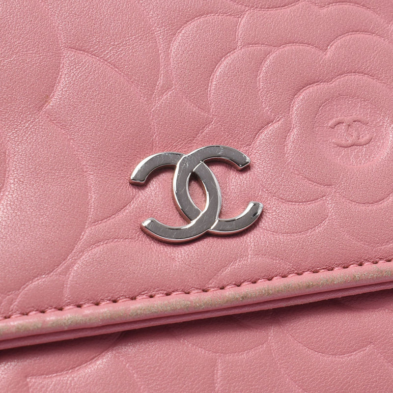 Chanel Chanel Camelia粉红色银色支架女士羊羔链钱包B排名使用水池