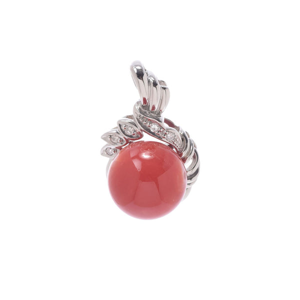 Other coral about 11mm diamond 0.10ct Ladies PT900 Platinum Pendant Top A Rank used Ginzo