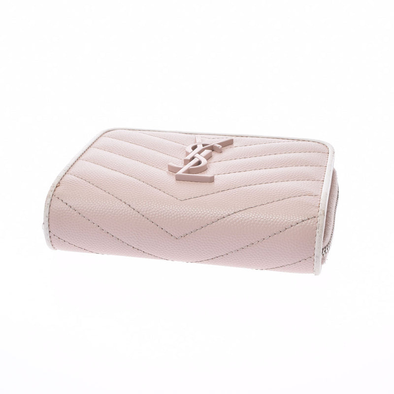 SAINT LAURENT Saint Laurent Compact Zip Wallet V Stitch Pink Beige Unisex Leather Bi -Fold Wallet B Used Ginzo