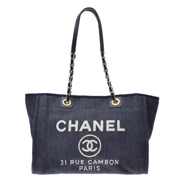 CHANEL シャネル ドーヴィル トートMM  ネイビー GP金具 レディース レザー デニム トートバッグ Aランク 中古 銀蔵