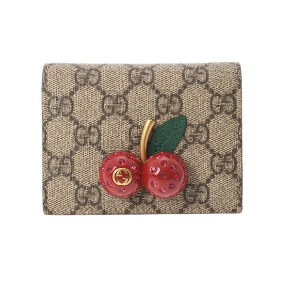 GUCCI グッチ チェリー  コンパクトウォレット ベージュ系/赤 476050 レディース GGスプリームキャンバス PVC 二つ折り財布 ABランク 中古 銀蔵