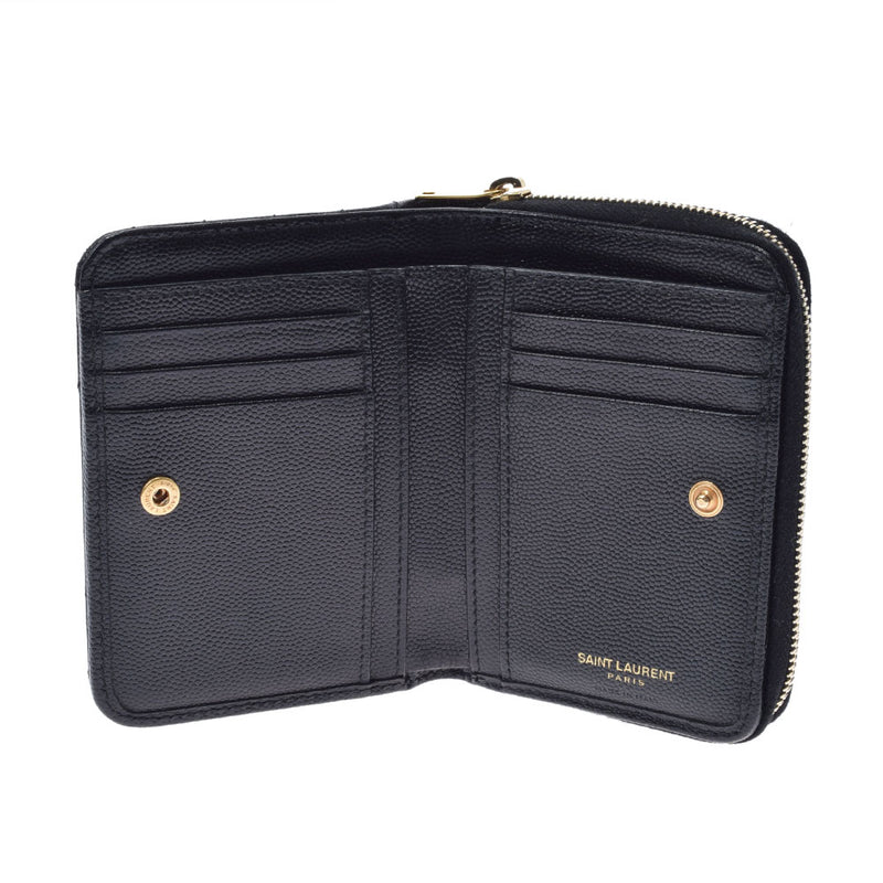 Yves Saint Laurent Yves Saint Laurent Monogram Compact Zip Wallet Black Gold Bracket Ladies Leather Bi -Fold Wallet AB Rank Used Ginzo