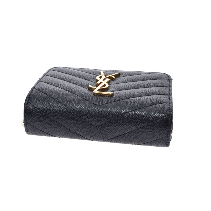 Yves Saint Laurent Yves Saint Laurent Monogram Compact Zip Wallet Black Gold Bracket Ladies Leather Bi -Fold Wallet AB Rank Used Ginzo