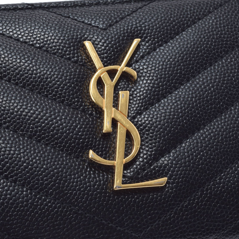 Yves Saint Laurent Yves Saint Laurent Monogram Compact Zip Wallet Black Gold Bracket Ladies Leather Bi -Fold Wallet AB Rank Used Ginzo