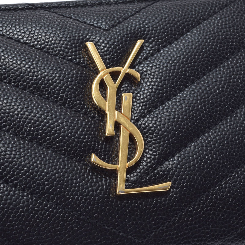 Yves Saint Laurent Yves Saint Laurent Monogram紧凑式邮政编码小钱包黑色金色支架女士皮革双折 - 折ab ab rank rank二手ginzo