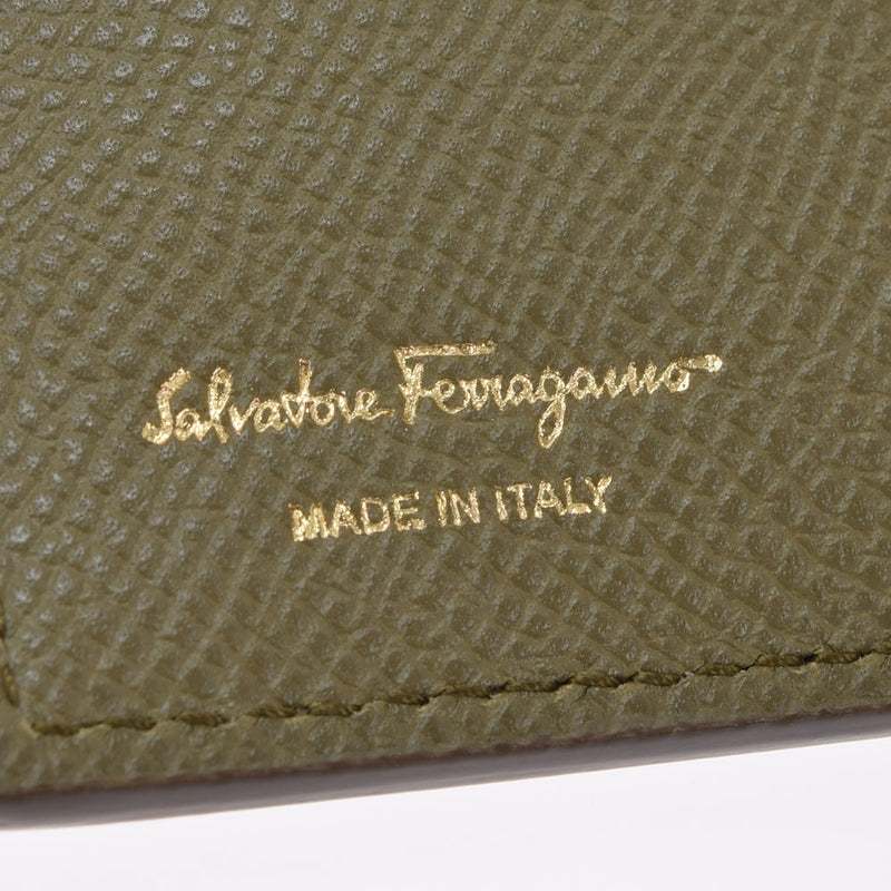 SALVATORE FERRAGAMO Ferragamo Gunchini Khaki Gold Bracket Ladies Leather Bi -fold Wallet A Rank Used Ginzo