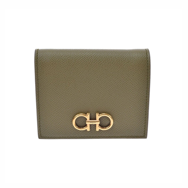 Salvatore Ferragamo Ferragamo Gunchini Khaki Gold Bracket Ladies Ladies Leaties Leaties Bi -Fold Callet A RANS二手Ginzo