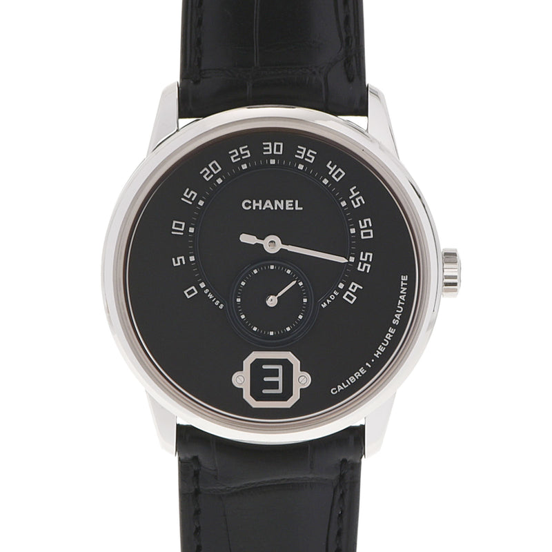 CHANEL Chanel Messhe Du Chanel H6597 Men's PT/Leather Watch Hand -wound Black Dial A Rank used Ginzo